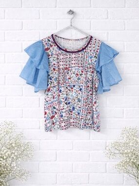 Anthropologie Let Me Be Floral Chambray Ruffle Flutter Sleeve Top Size S